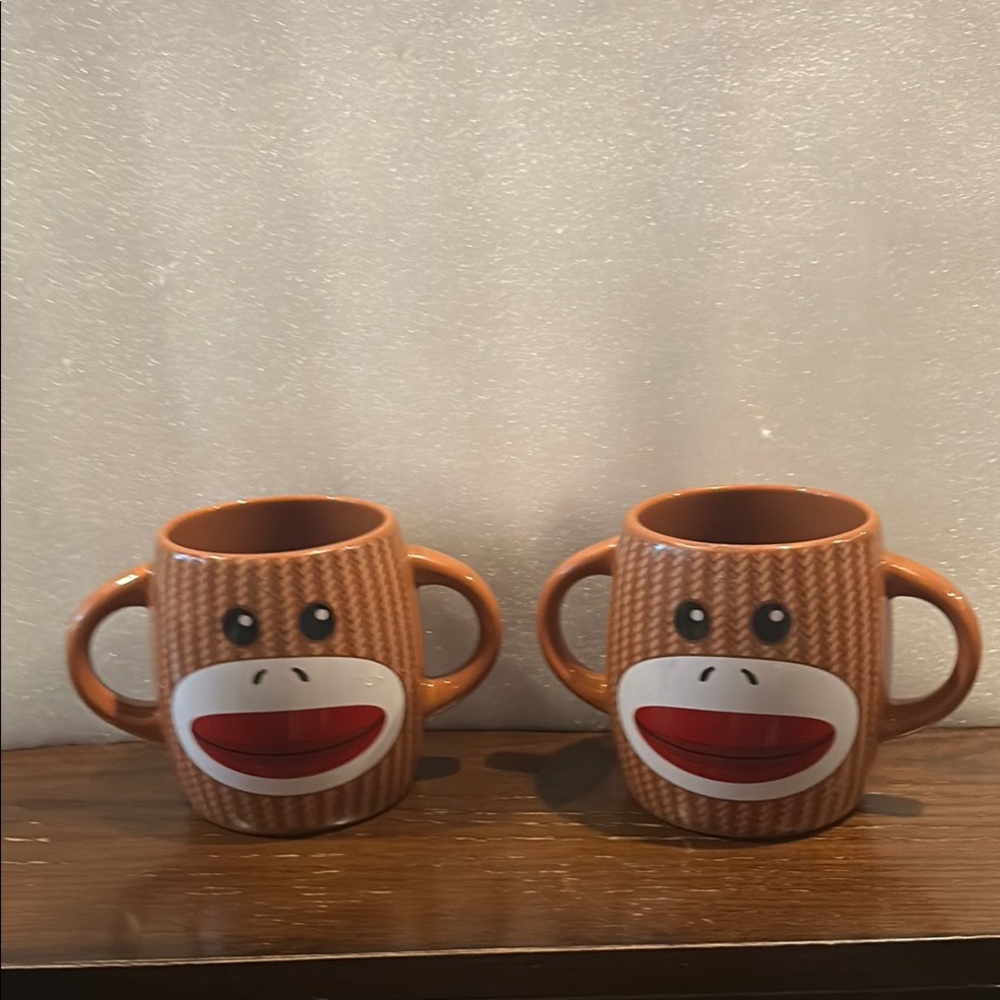 Whimsical Galerie Brown and Red Sock Monkey Mugs Excellent Condition